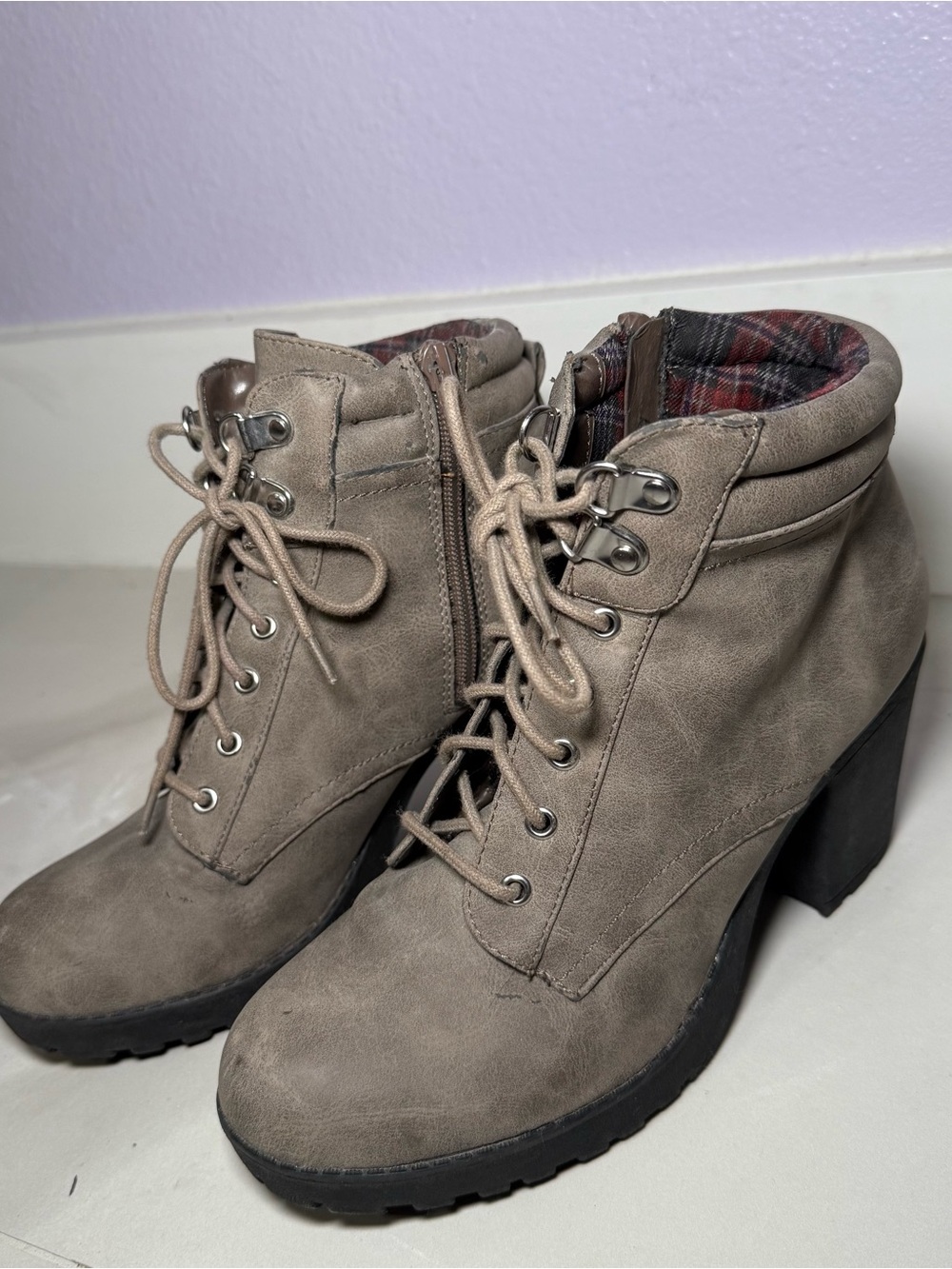 Taupe Lace-Up Block Heel Ankle Boots for Women